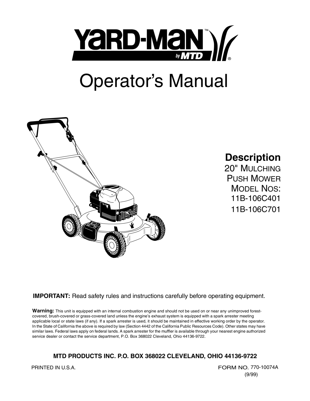 Yard-Man 11B-106C701, 11B-106C401 manual Operator’s Manual 