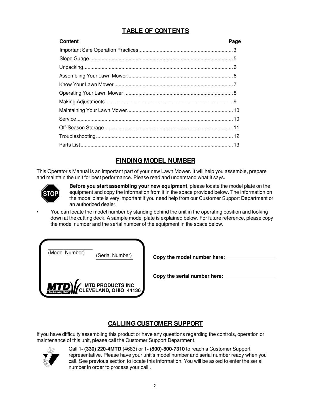 Yard-Man 11B-106C401, 11B-106C701 manual Table of Contents 