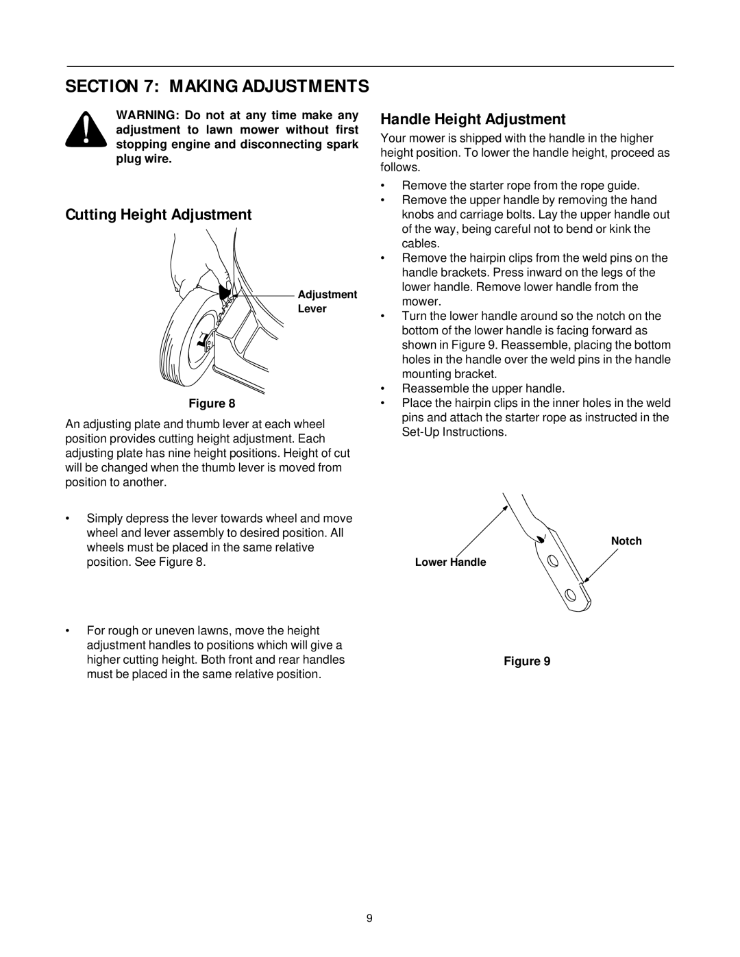 Yard-Man 11B-106C701 manual Cutting Height Adjustment, Handle Height Adjustment, Wheels must be placed in the same relative 