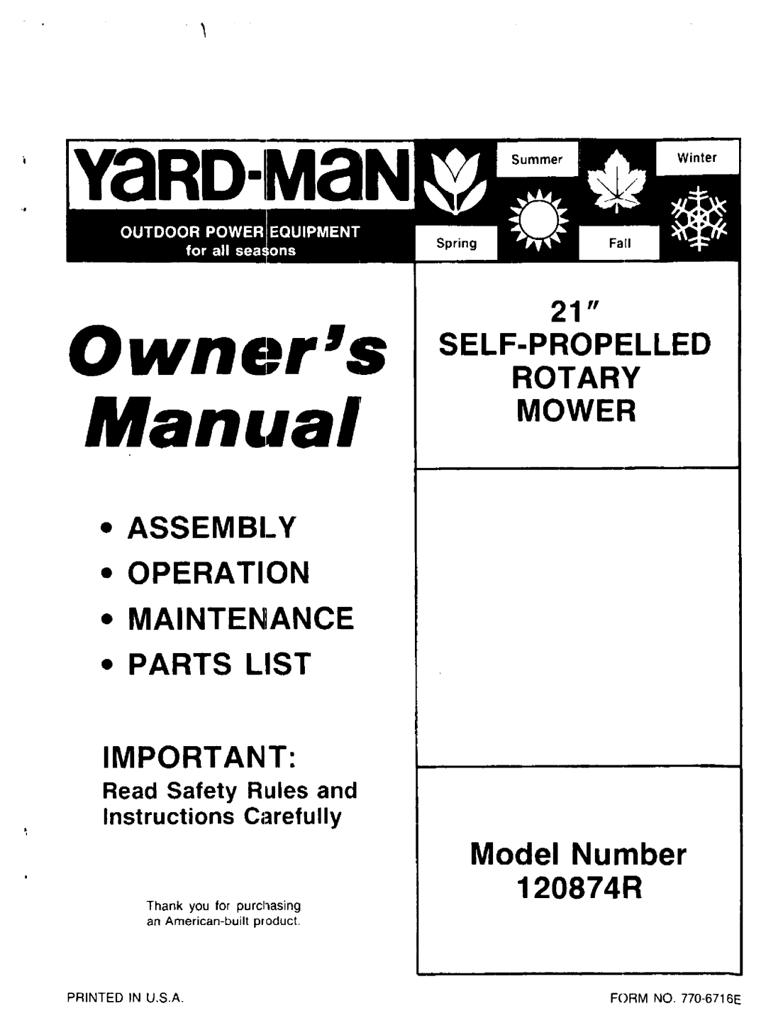 Yard-Man 120874R manual 