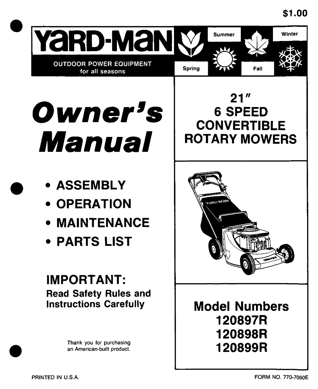 Yard-Man 120899R, 120897R, 120898R manual 