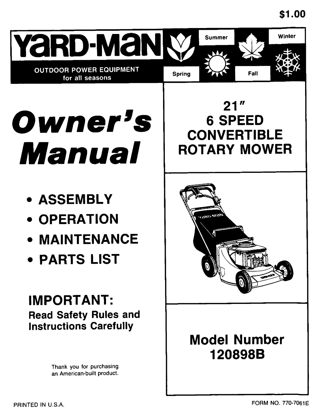 Yard-Man 120898B manual 