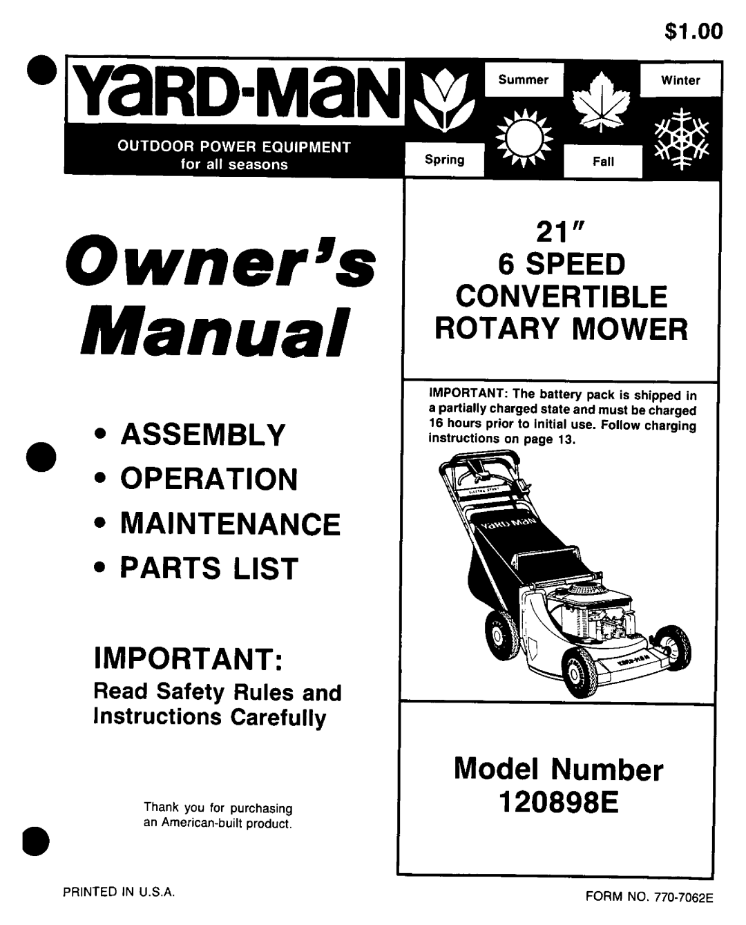 Yard-Man 120898E manual 