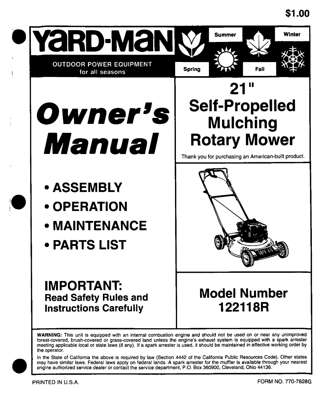 Yard-Man 122118R manual 