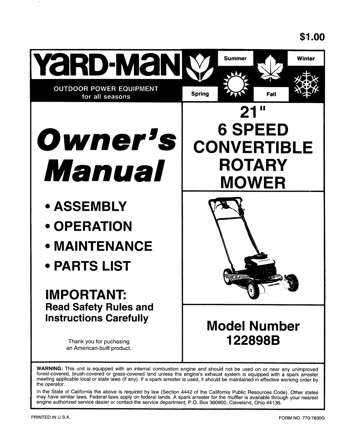 Yard-Man 122898B manual 
