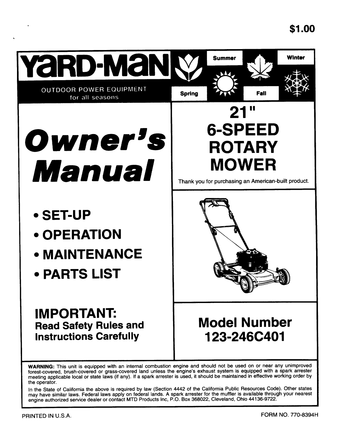 Yard-Man 123-246C401 manual 