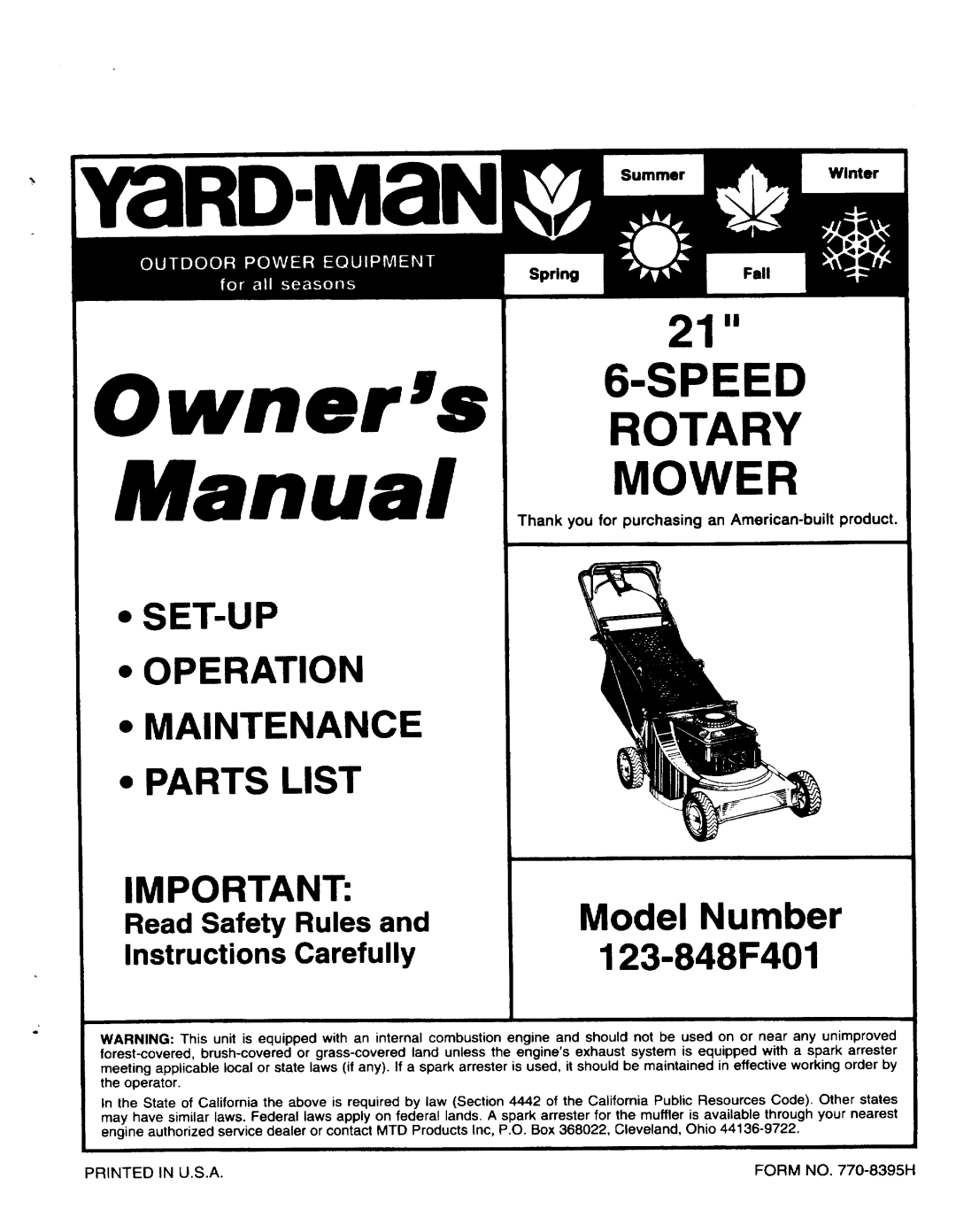 Yard-Man 123-848F401 manual 