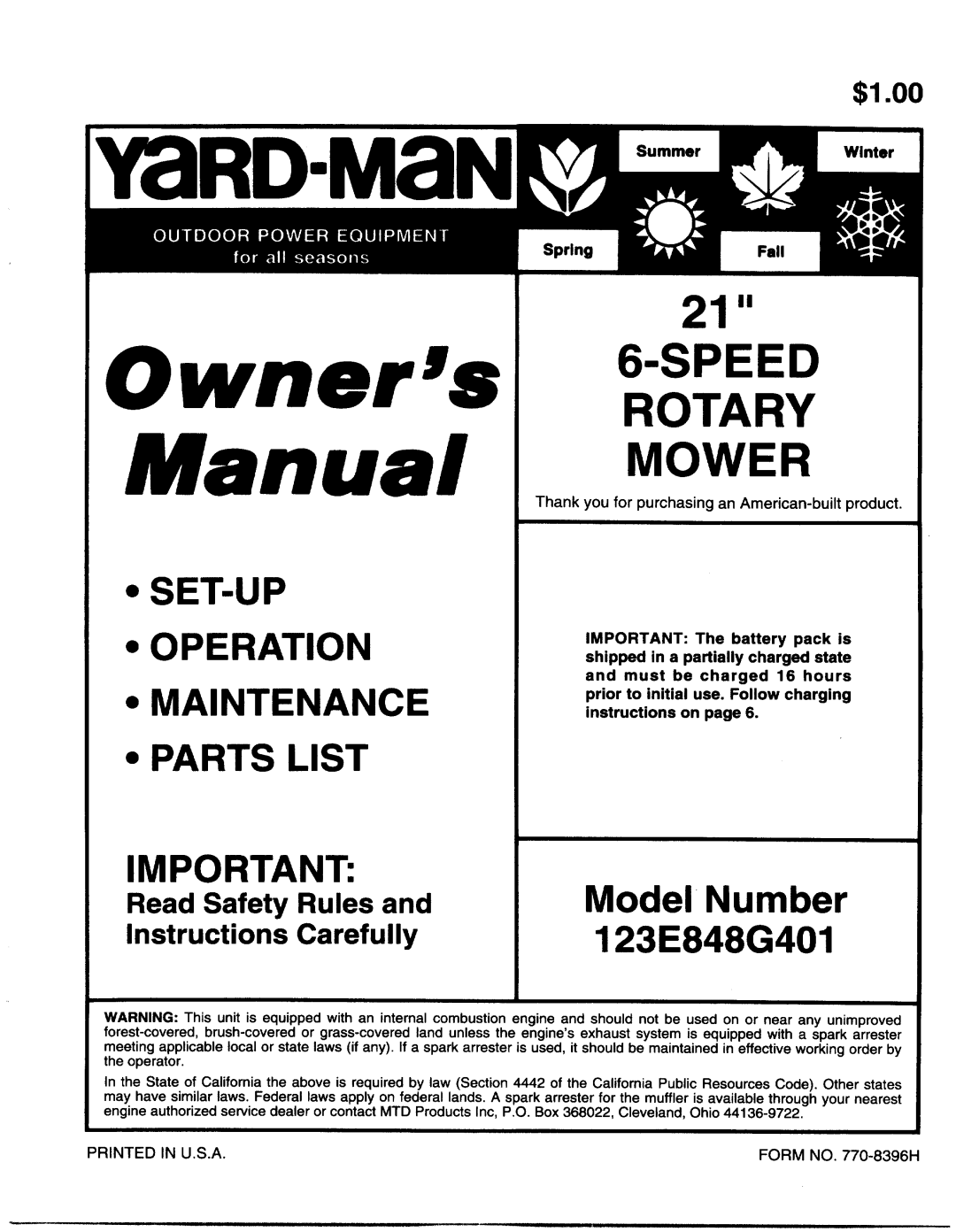 Yard-Man 123E848G401 manual 