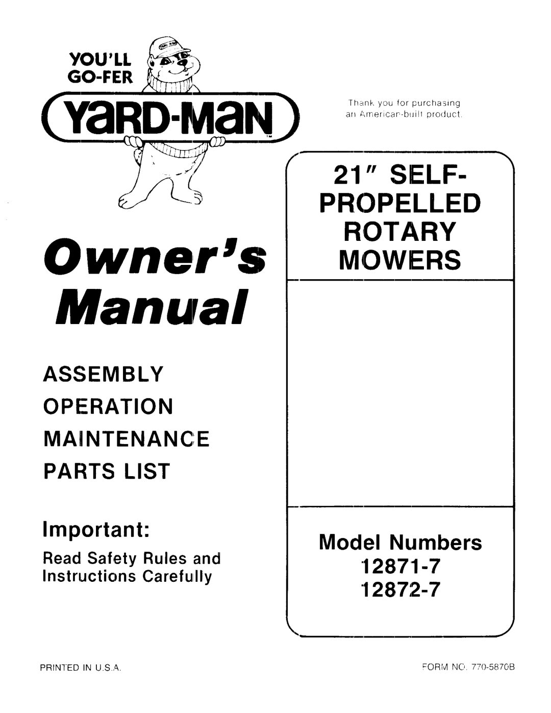 Yard-Man 12872-7, 12871-7 manual 