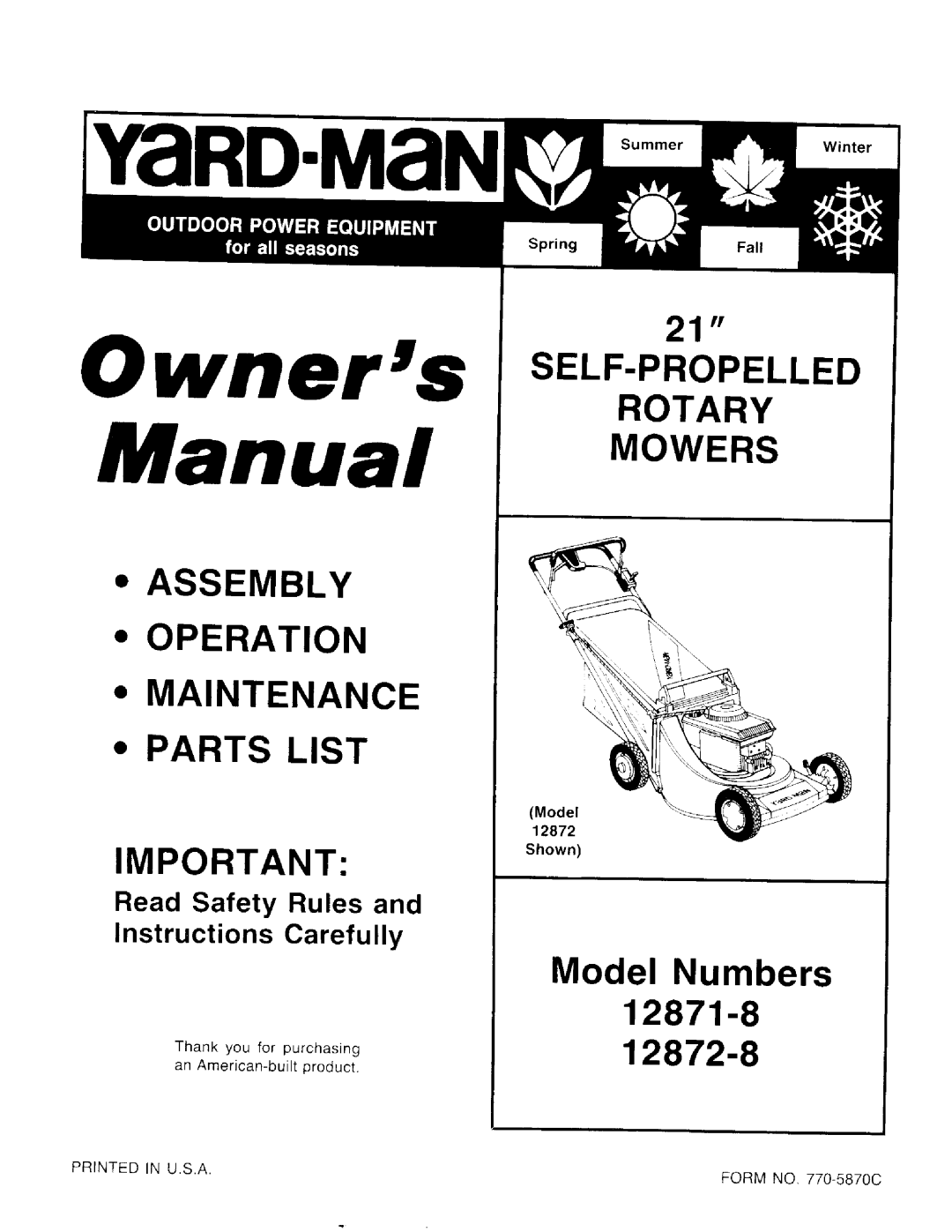 Yard-Man 12872-8, 12871-8 manual 