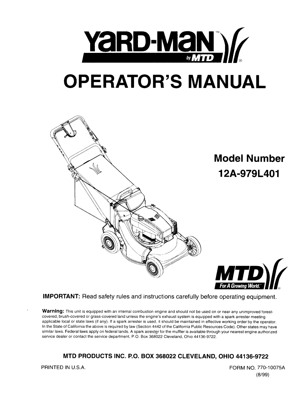 Yard-Man 12A-979L401 manual 