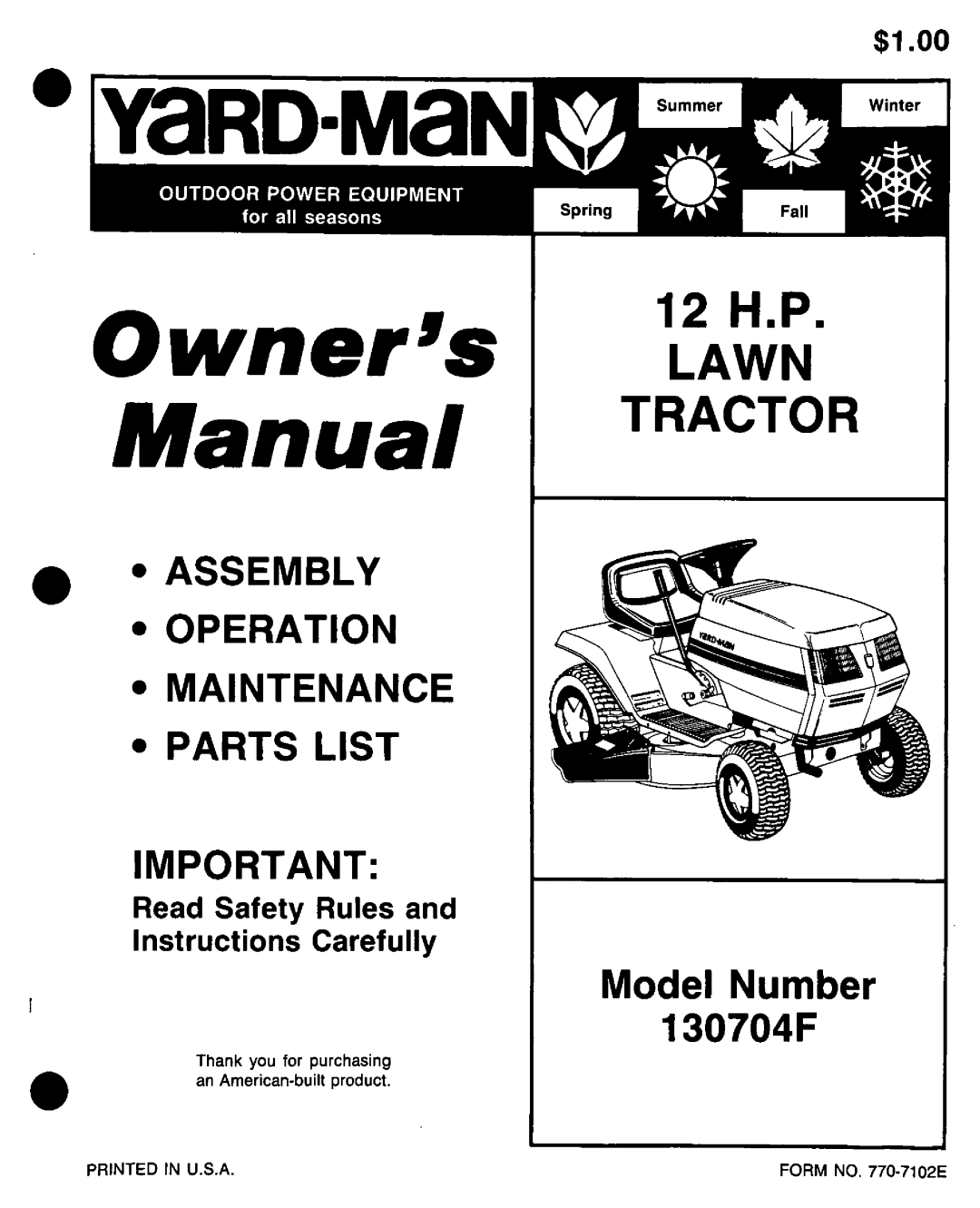 Yard-Man 130704F manual 