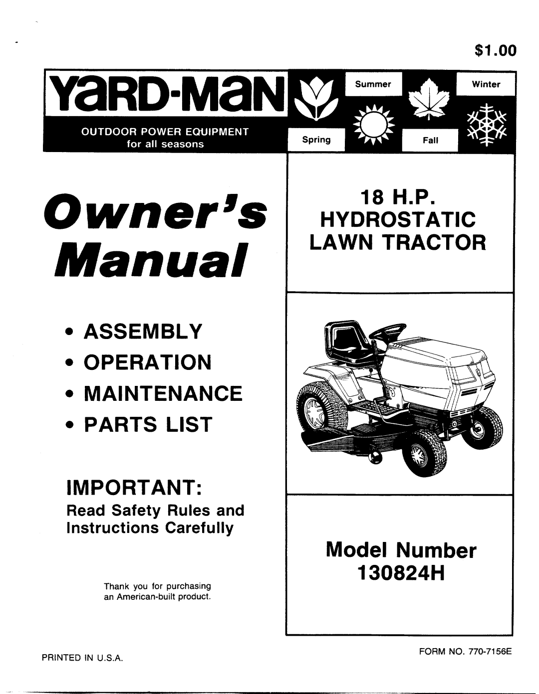 Yard-Man 130824H manual 