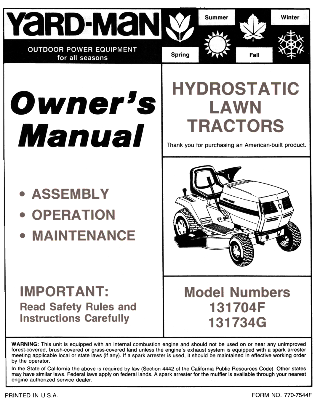 Yard-Man 131704F, 131704G, 131734G manual Form no -7544F 