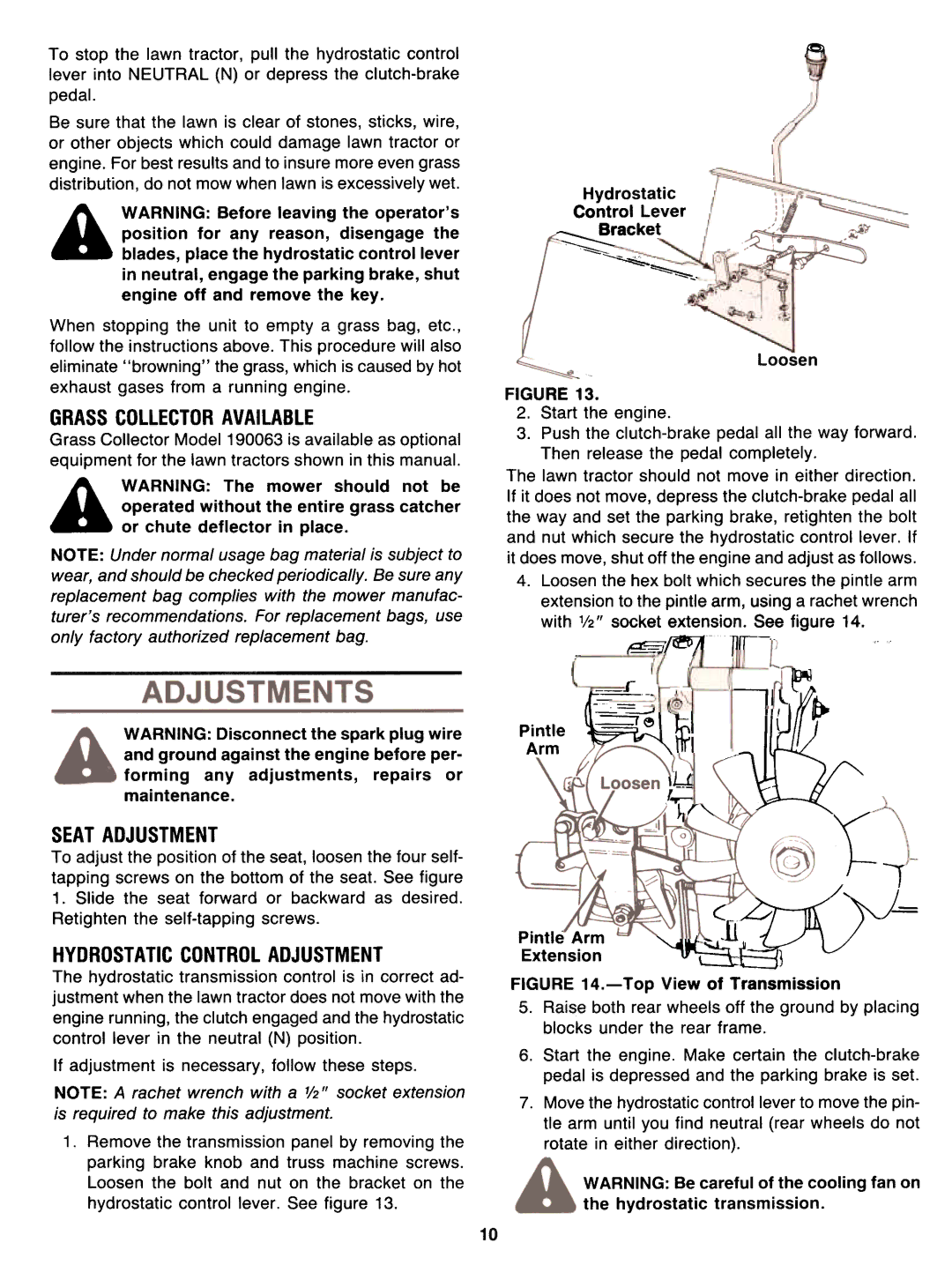 Yard-Man 131704F, 131704G, 131734G manual Grasscollectoravailable, Seatadjustment, Hydrostaticcontroladjustment 