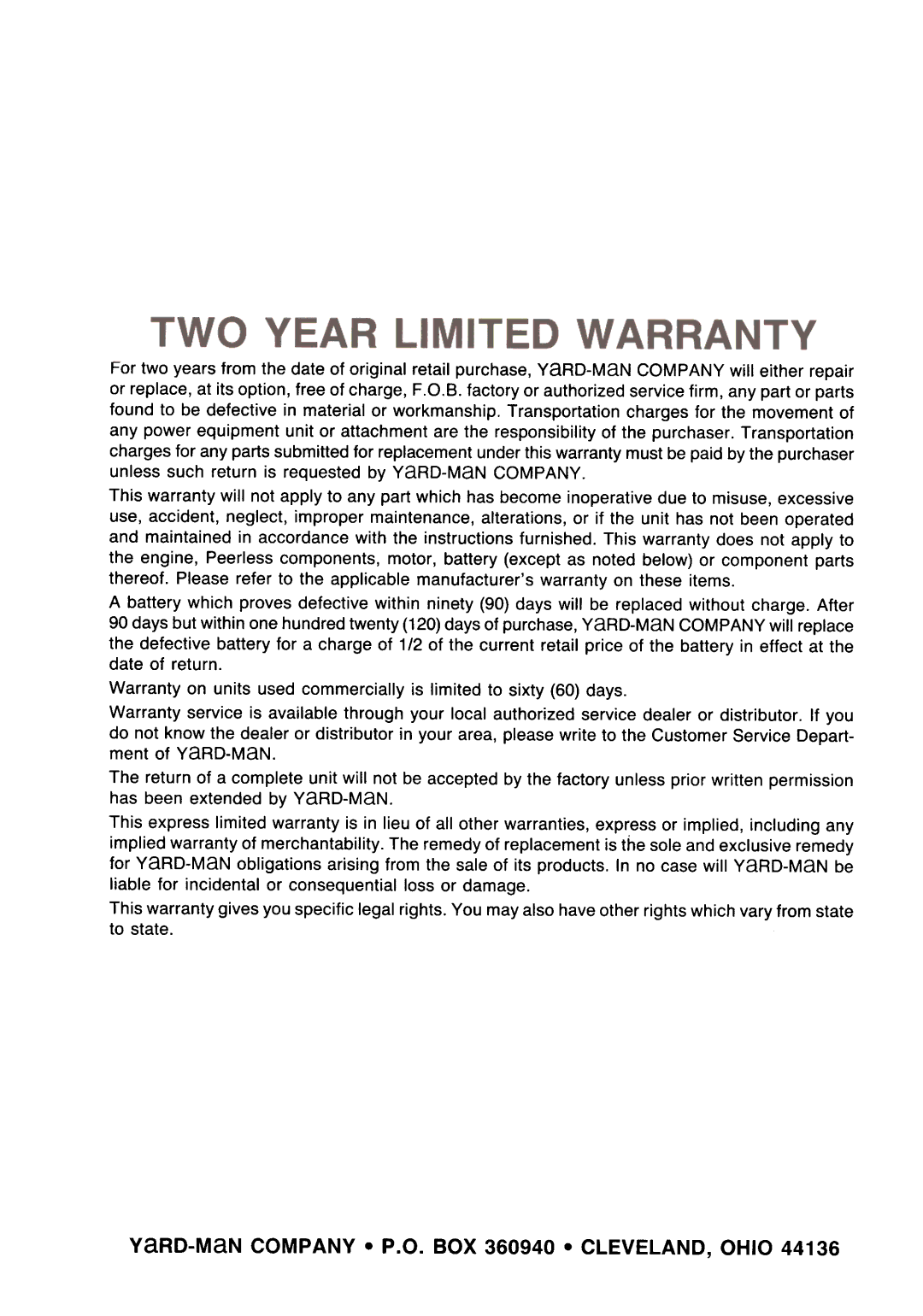 Yard-Man 131704F, 131704G, 131734G manual YaRD-MaN COMPANY. P.O. BOX 360940 .CLEVELAND, Ohio 