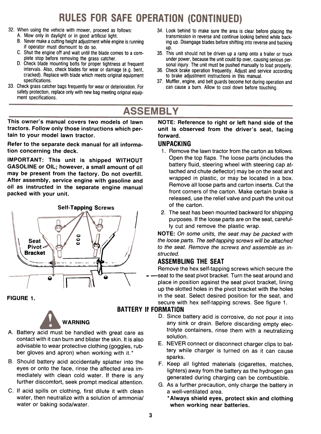 Yard-Man 131704G, 131704F, 131734G manual Unpacking, Assemblingthe Seat, BATTERYIt Formation, ~ ~=-==-..--~--~ Forward 