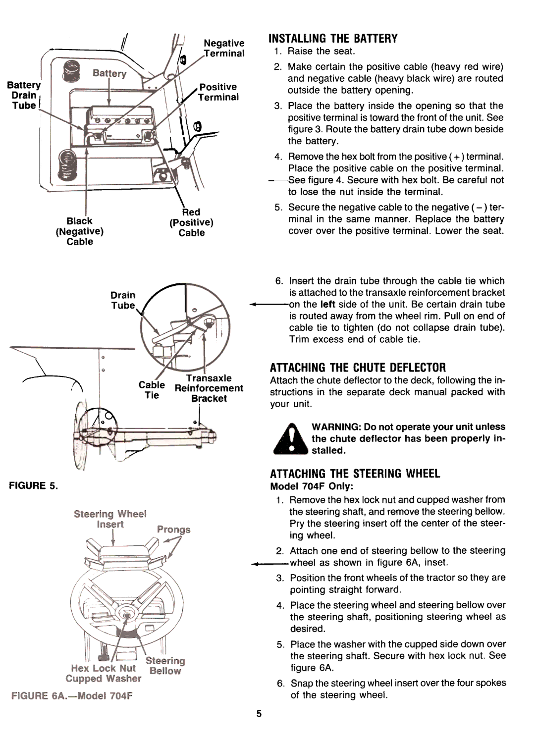 Yard-Man 131734G, 131704G Tube-j, Positive, Installingthe Battery, Attachingthe Chutedeflector, Attachingthe Steeringwheel 