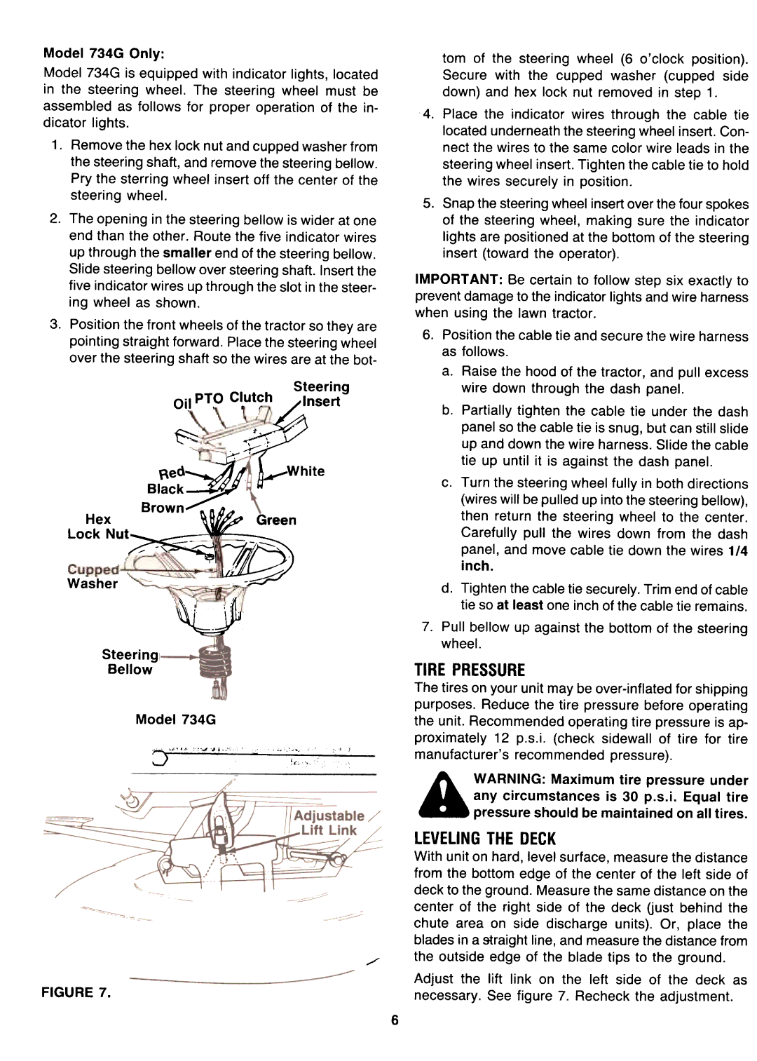 Yard-Man 131704G, 131704F, 131734G manual Tirepressure, Levelingthe Deck, Oil pro Clutch 