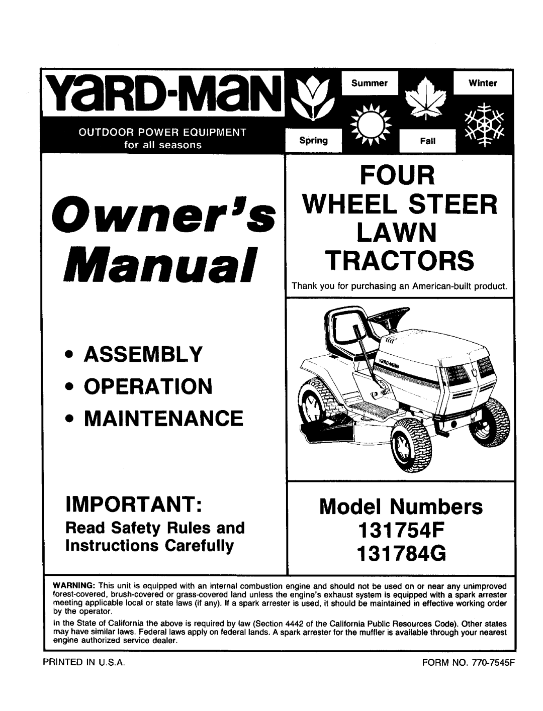 Yard-Man 131784G, 131754F manual 