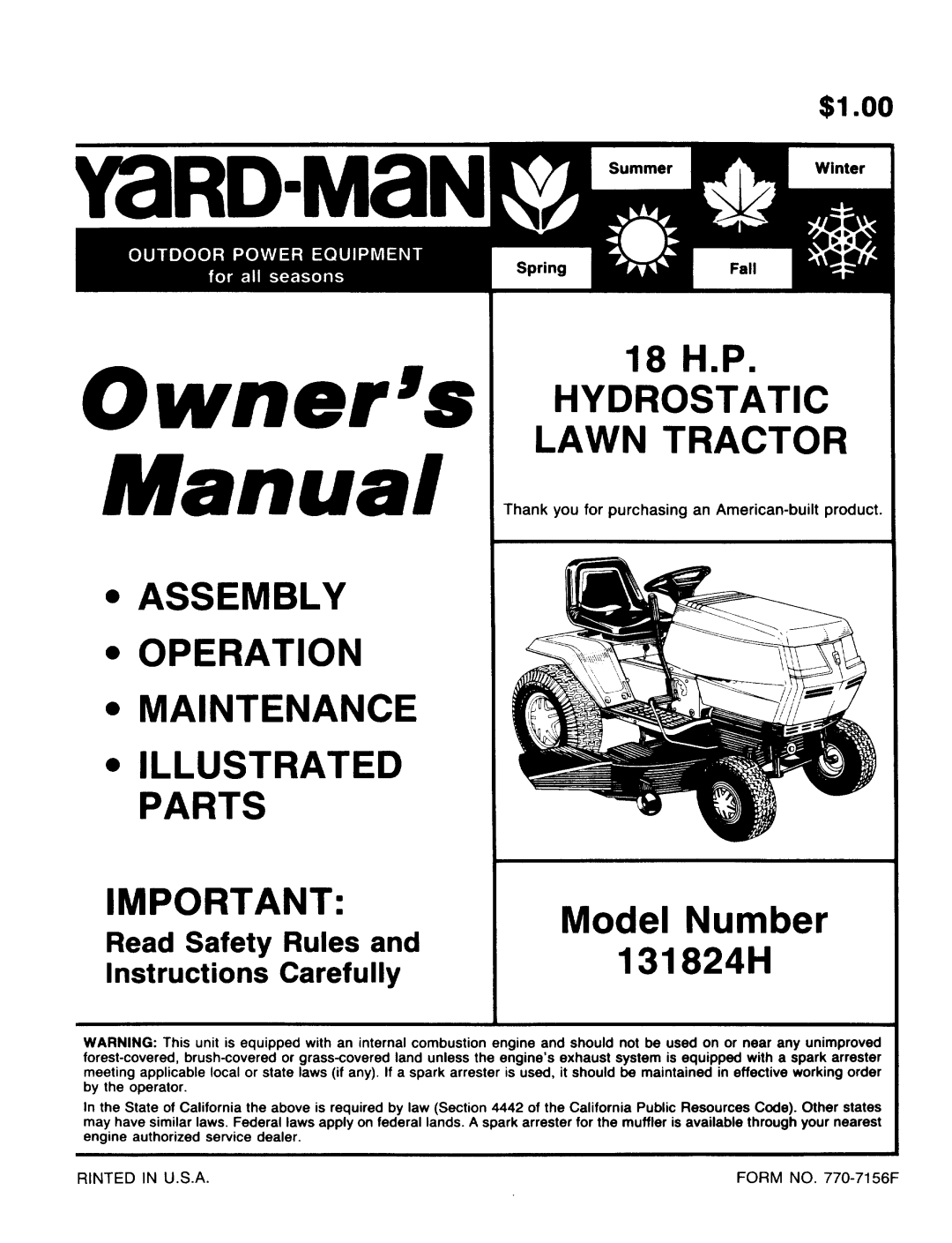 Yard-Man 131824H manual 