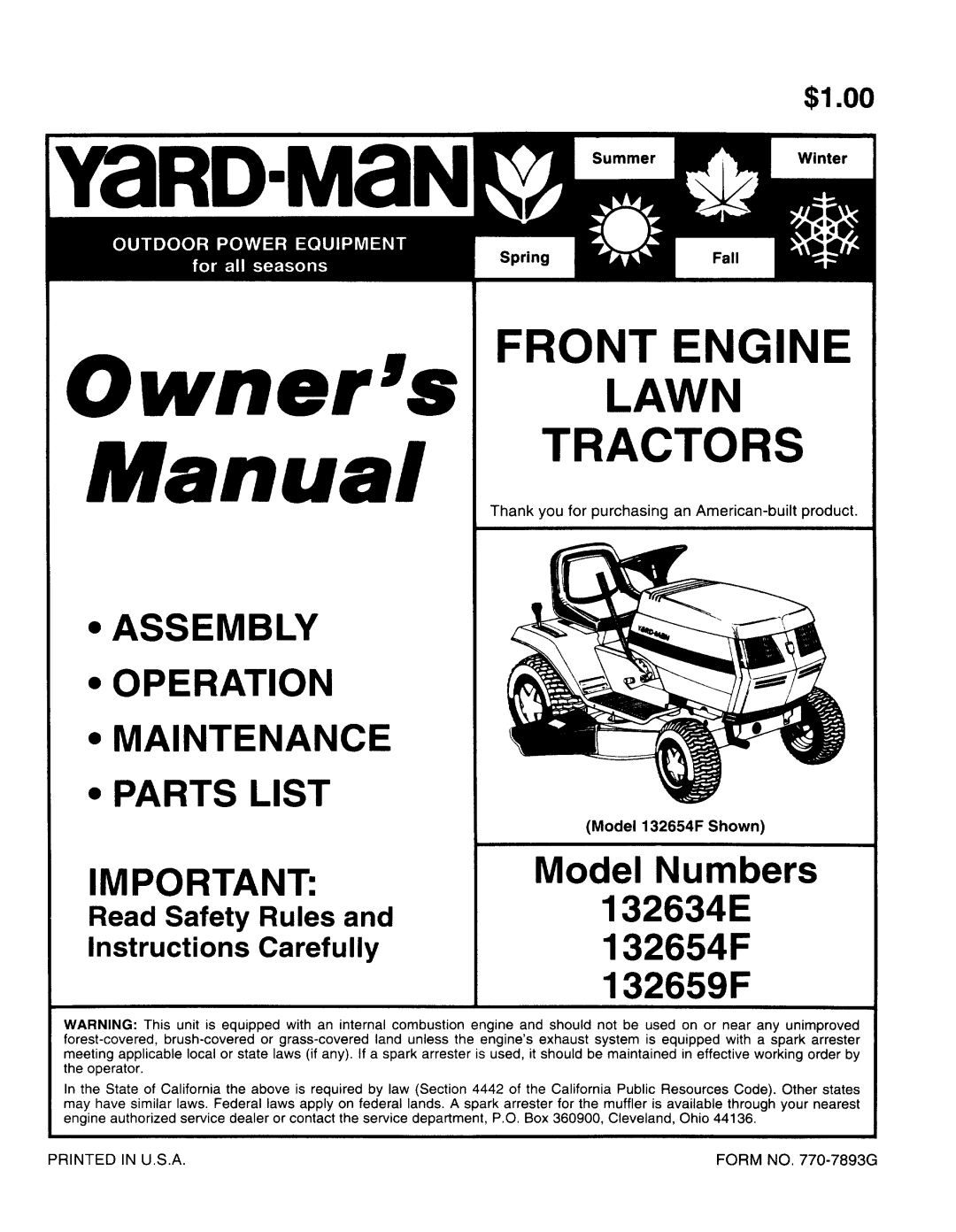 Yard-Man 132654F, 132659F, 132634E manual 