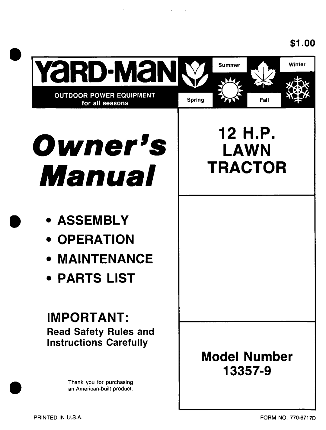 Yard-Man 13357-9 manual 