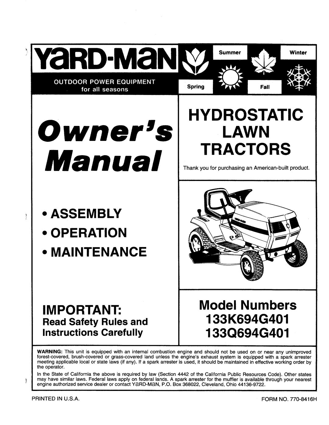 Yard-Man 133Q694G401 owner manual YaRD-MaN 