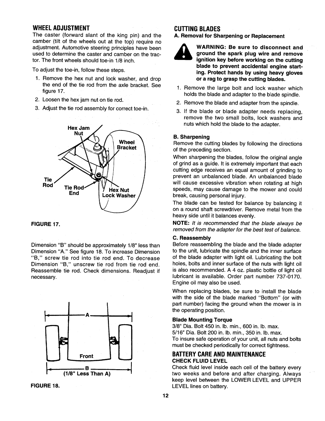 Yard-Man 133Q694G401 owner manual Wheel Adjustment, Cutting Blades, Batterycareand Maintenance, Check Fluid Level 