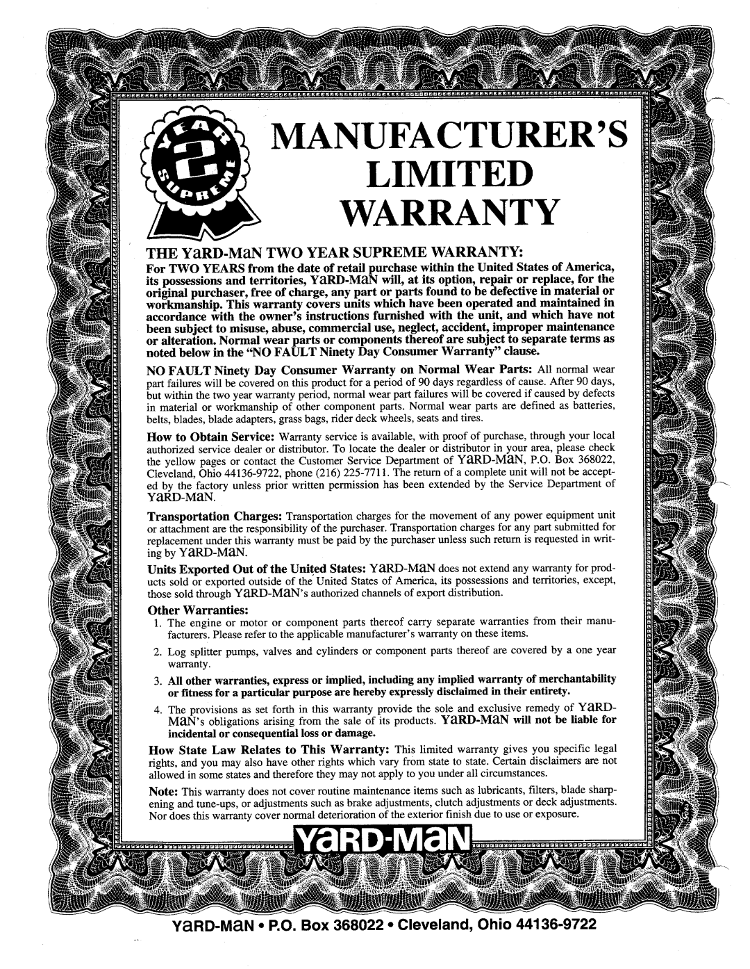 Yard-Man 133Q694G401 owner manual Manufacturers Limited Warranty 