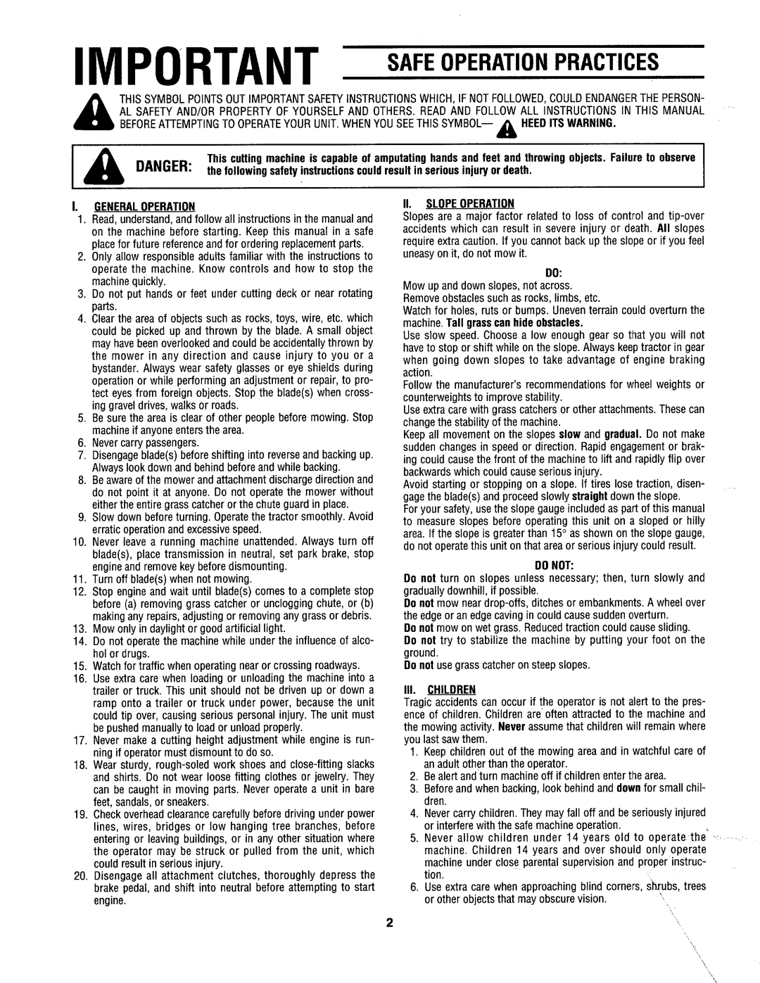 Yard-Man 133Q694G401 owner manual Important Safeoperationpractices, Generaloperation II. Slopeoperation 