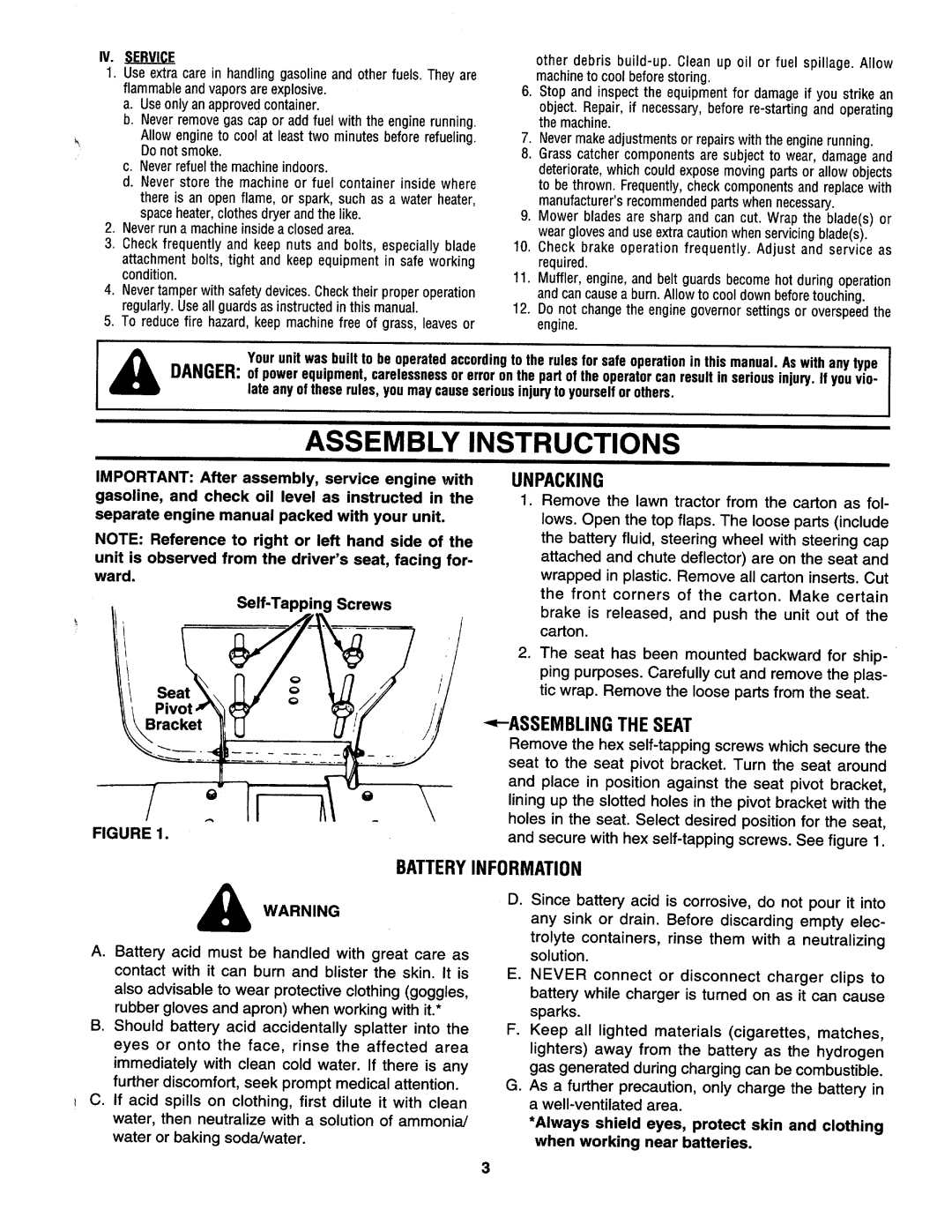 Yard-Man 133Q694G401 owner manual Unpacking, Batteryinformation 