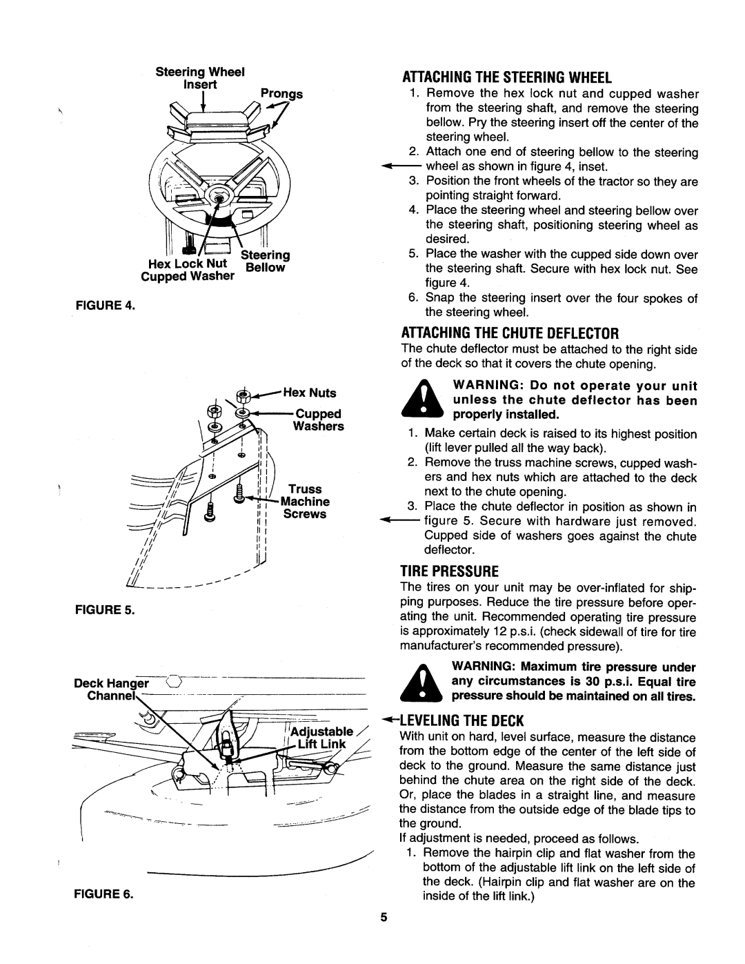 Yard-Man 133Q694G401 owner manual Attachingthe Steering Wheel, Attachingthe Chute Deflector, Tire Pressure, Ustable 