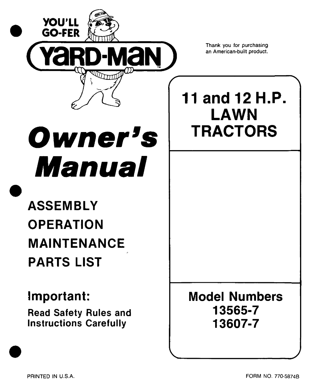 Yard-Man 13607-7, 135607-7, 13565-7 manual 