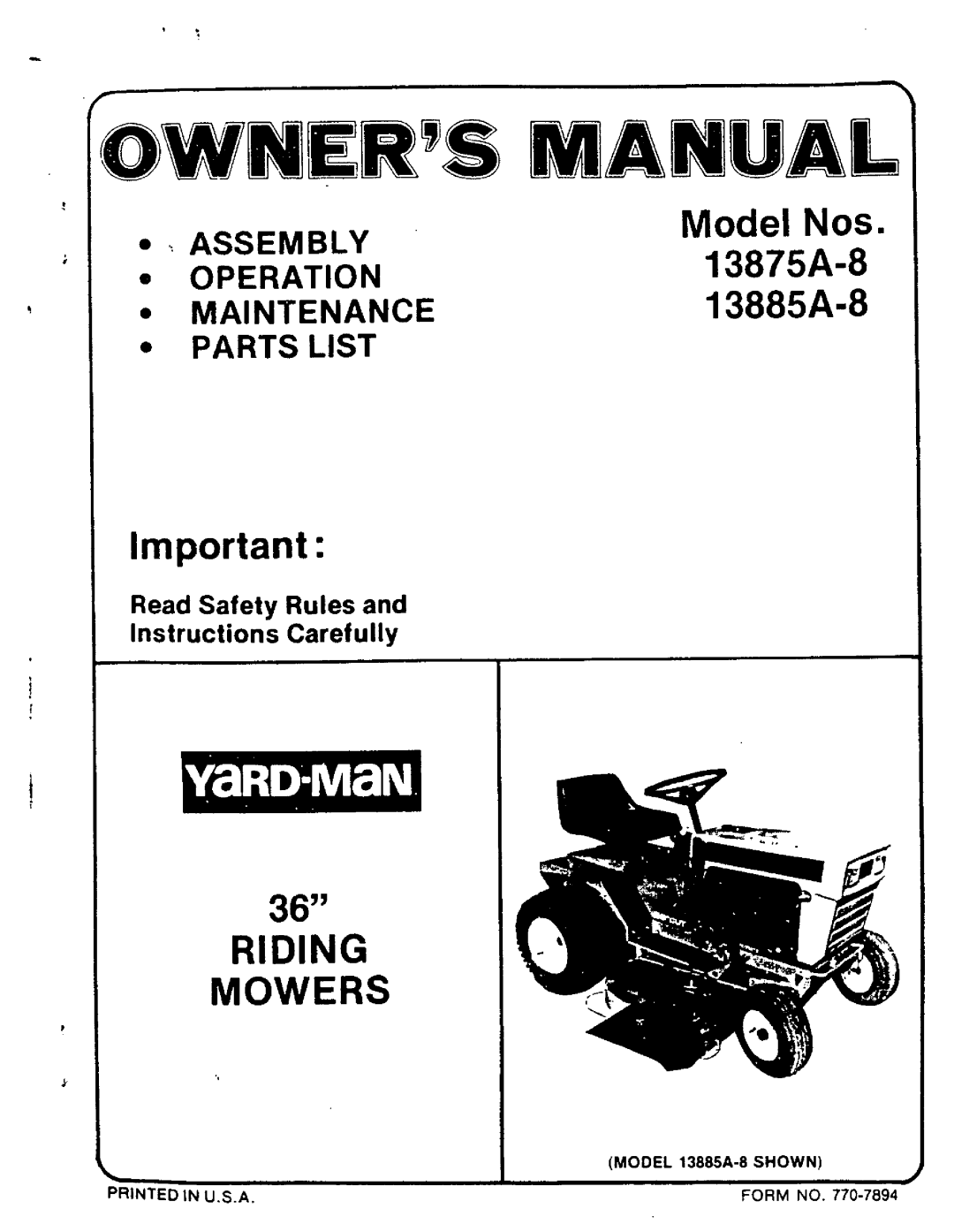 Yard-Man 13875A-8, 13885A-8 manual 