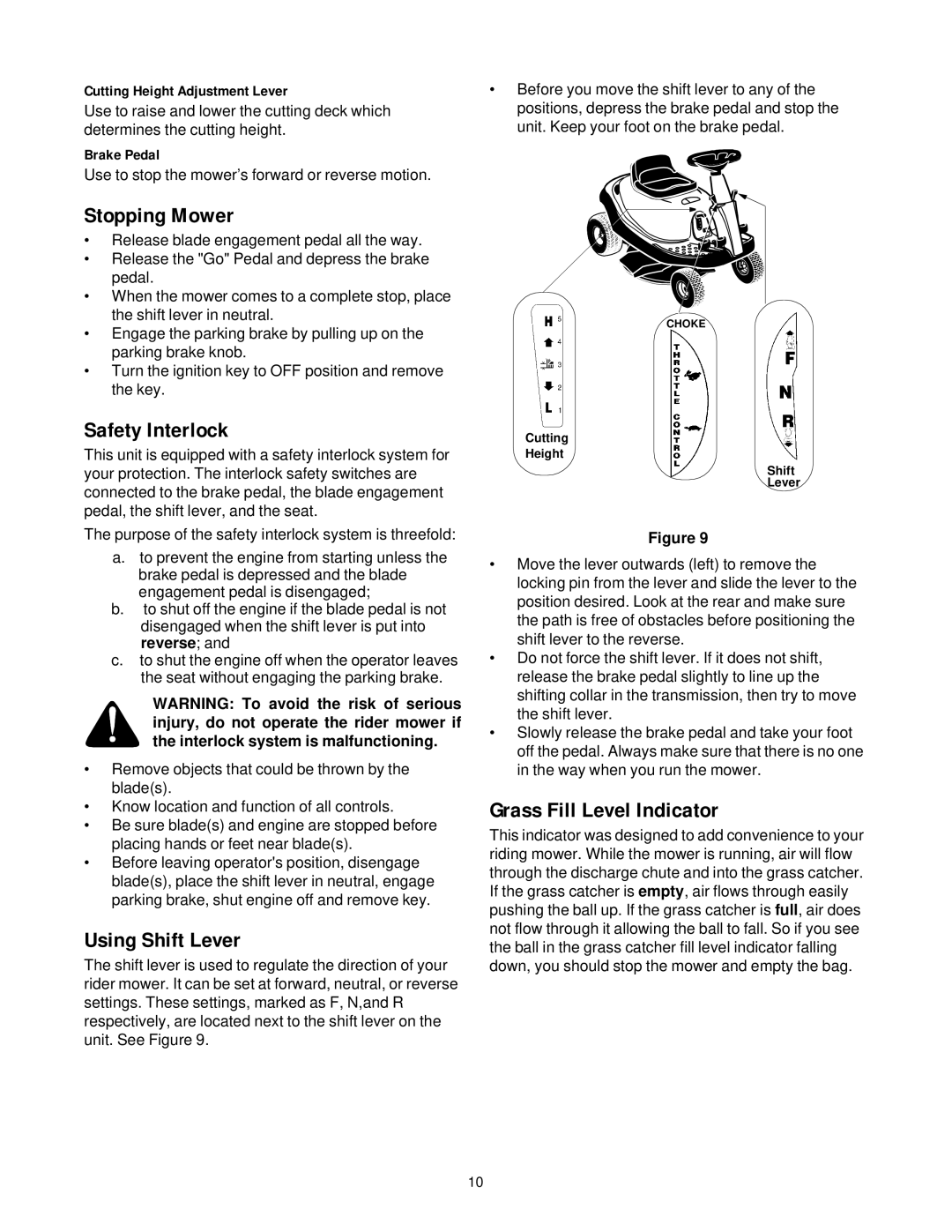 Yard-Man 13B-325-401 manual Stopping Mower, Safety Interlock, Using Shift Lever, Grass Fill Level Indicator 