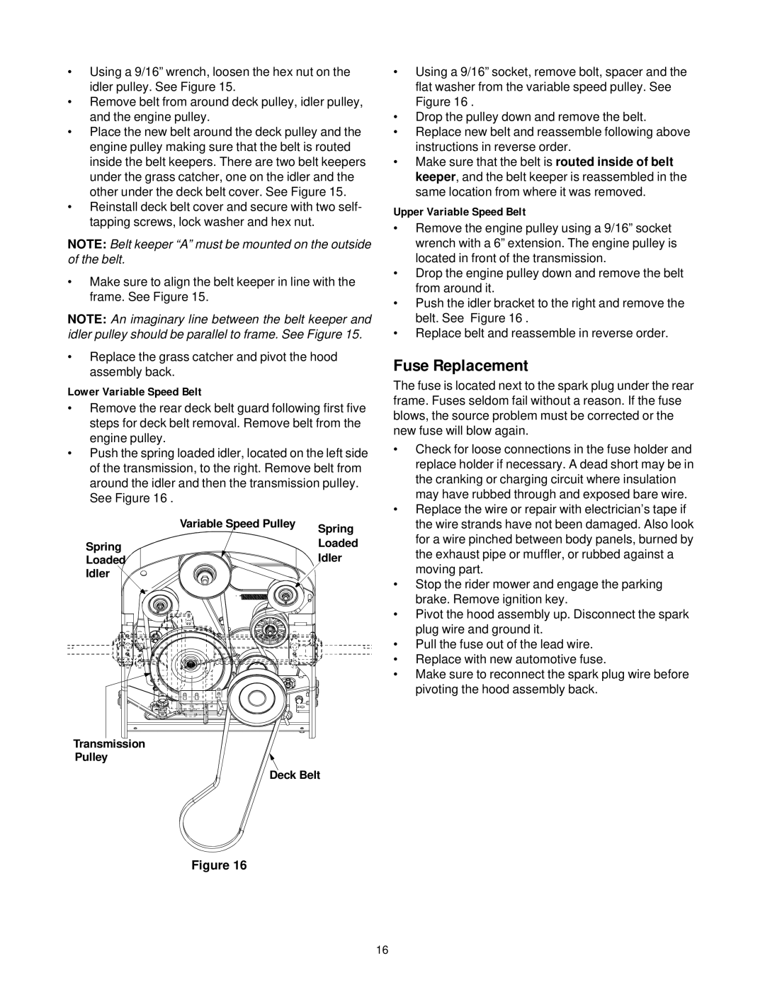 Yard-Man 13B-325-401 manual Fuse Replacement, Lower Variable Speed Belt 