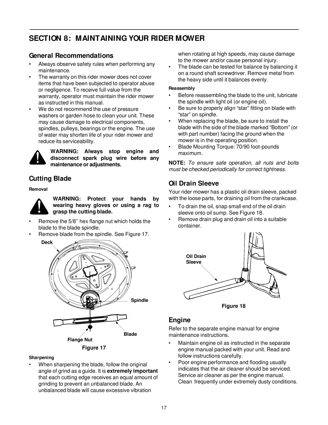 Yard-Man 13B-325-401 manual Maintaining Your Rider Mower, General Recommendations, Cutting Blade, Oil Drain Sleeve, Engine 