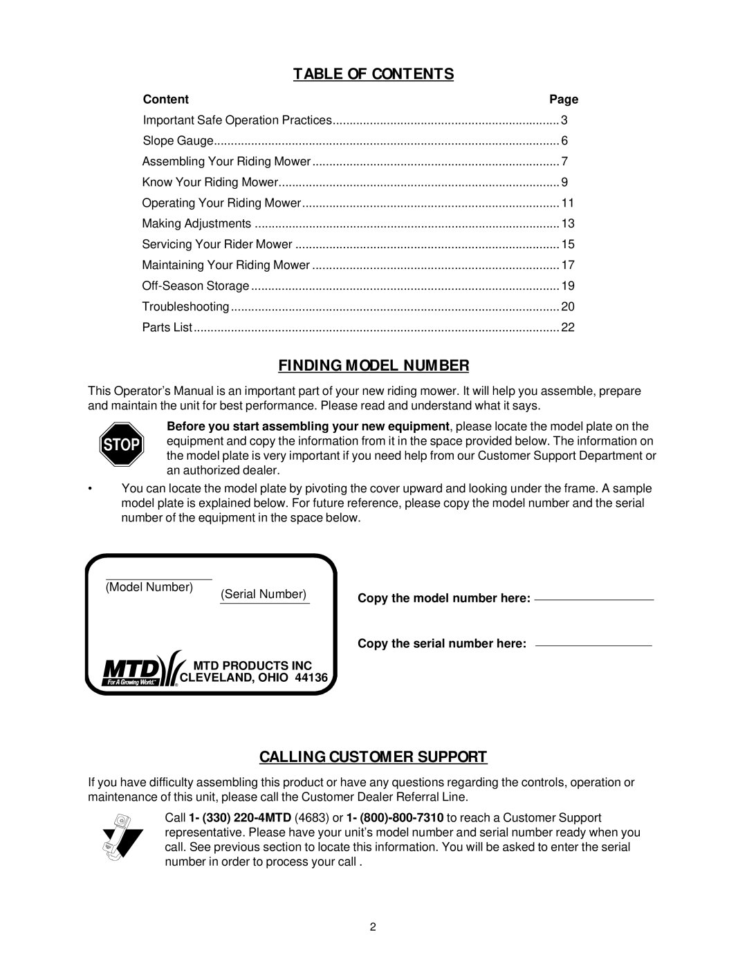 Yard-Man 13B-325-401 manual Table of Contents 