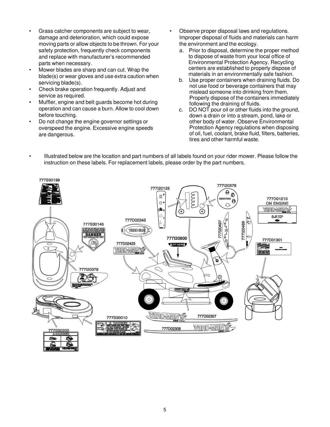 Yard-Man 13B-325-401 manual Tires and other harmful waste 