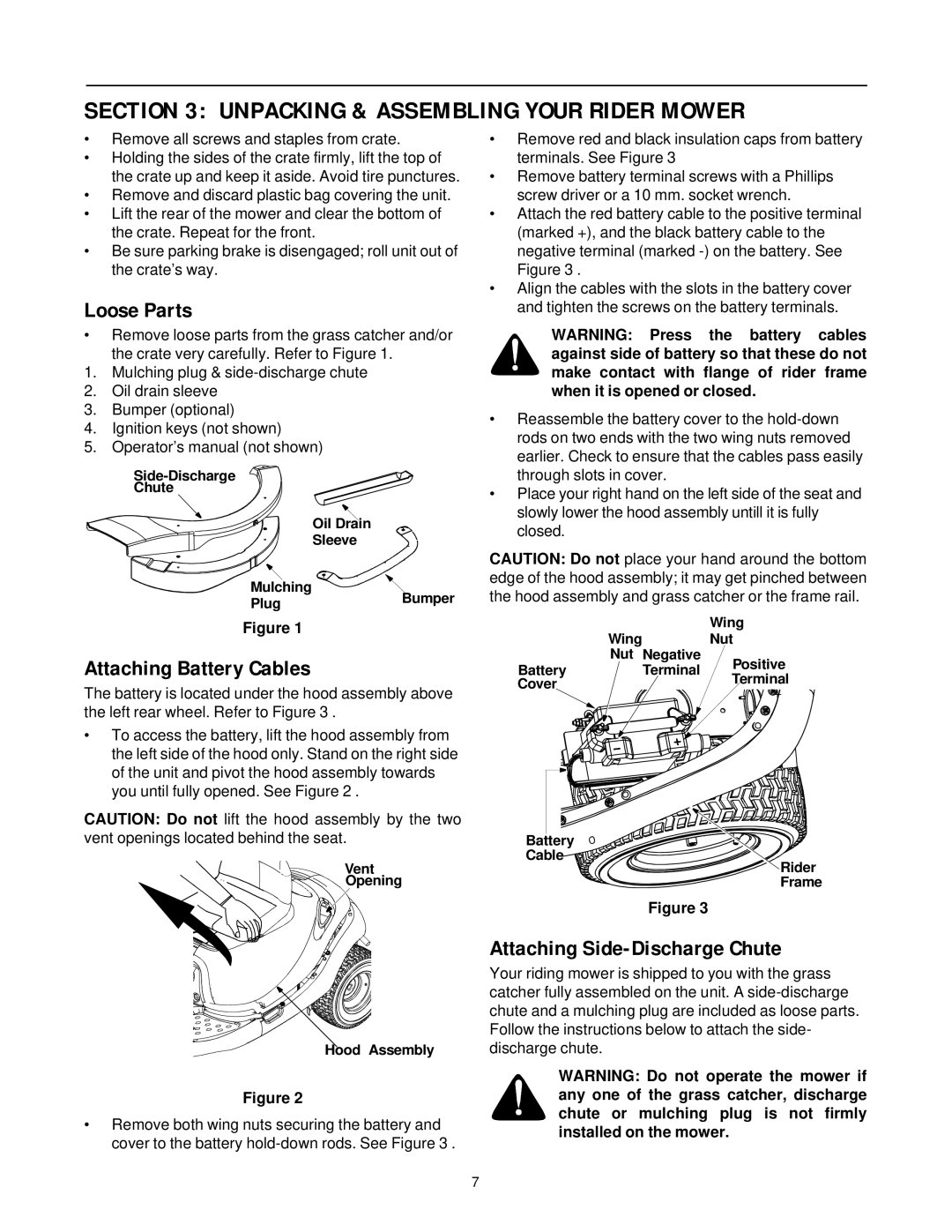 Yard-Man 13B-325-401 manual Unpacking & Assembling Your Rider Mower, Loose Parts, Attaching Battery Cables 