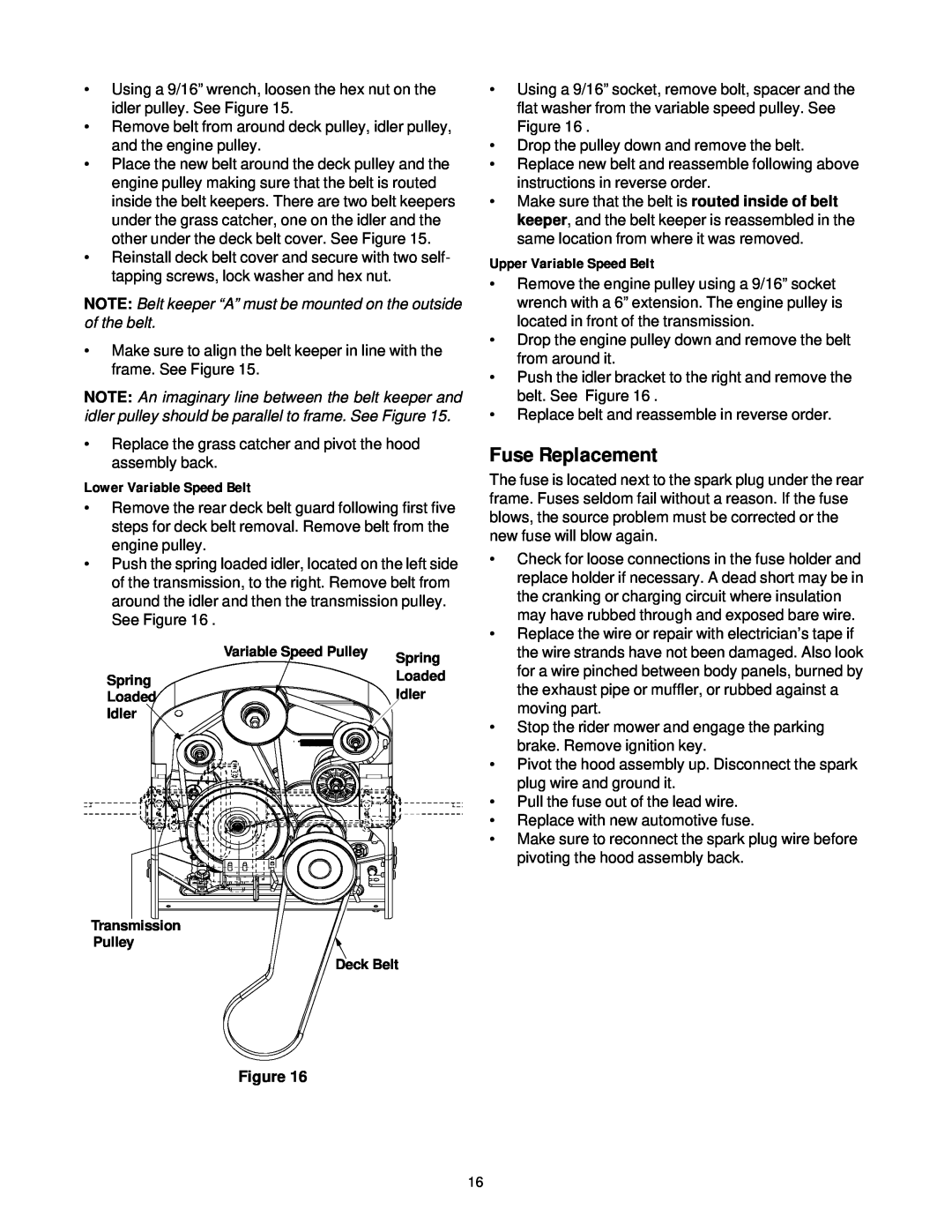 Yard-Man 13B-325-401 manual Fuse Replacement, Lower Variable Speed Belt, Upper Variable Speed Belt 