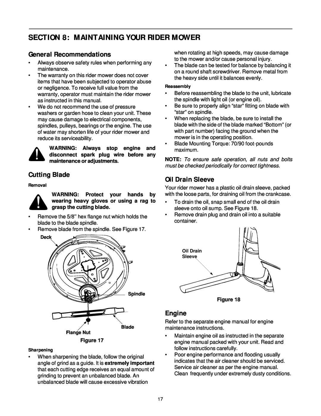 Yard-Man 13B-325-401 manual Maintaining Your Rider Mower, General Recommendations, Cutting Blade, Oil Drain Sleeve, Engine 
