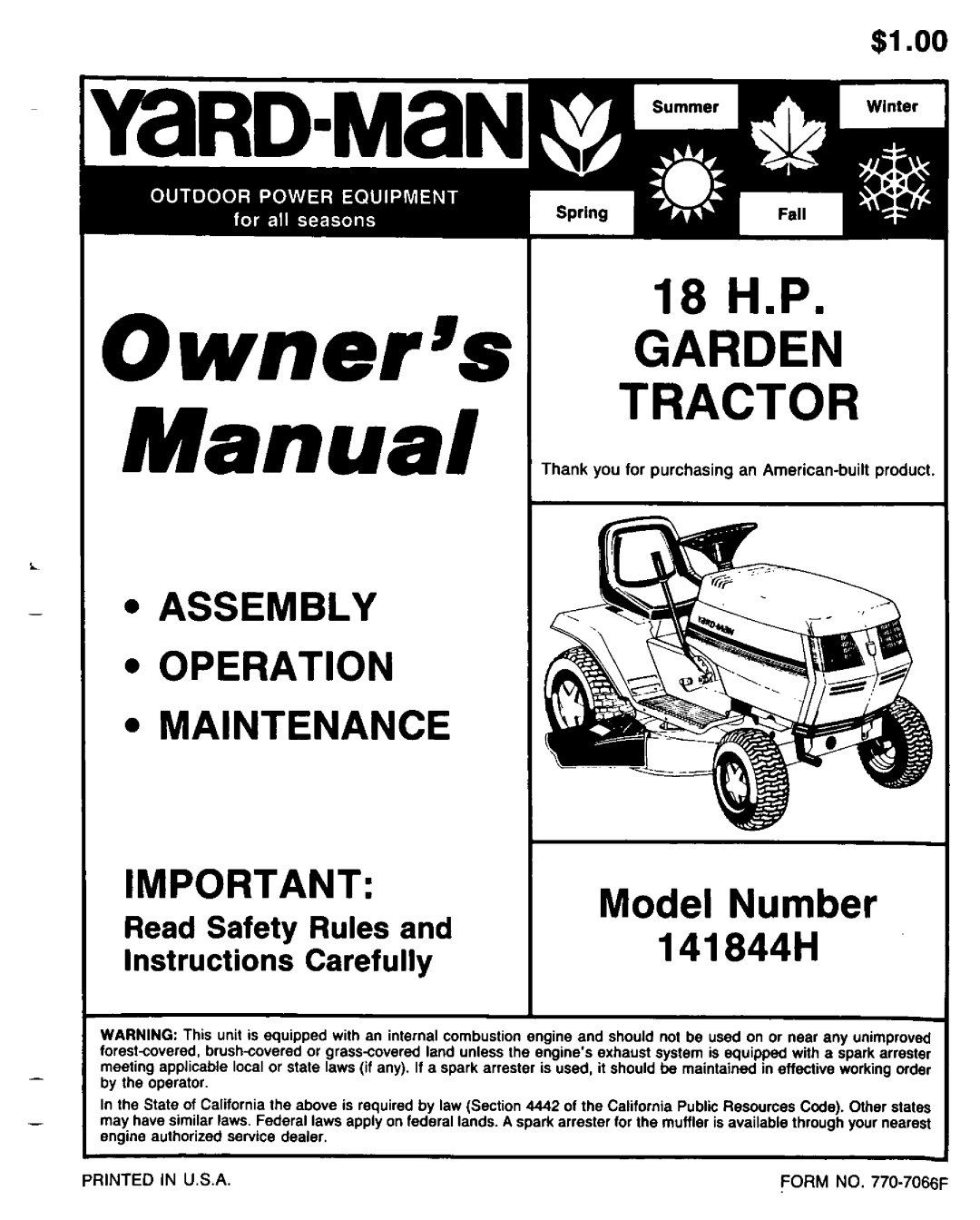 Yard-Man 141844H manual 