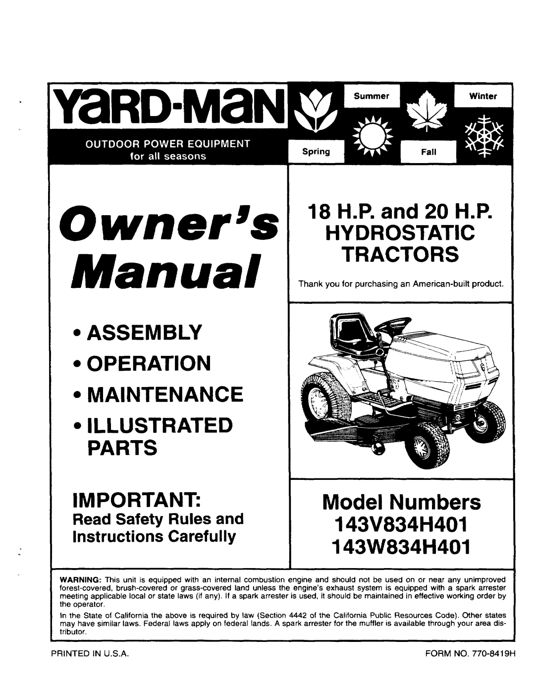 Yard-Man 143V834H401, 143W834H401 manual 