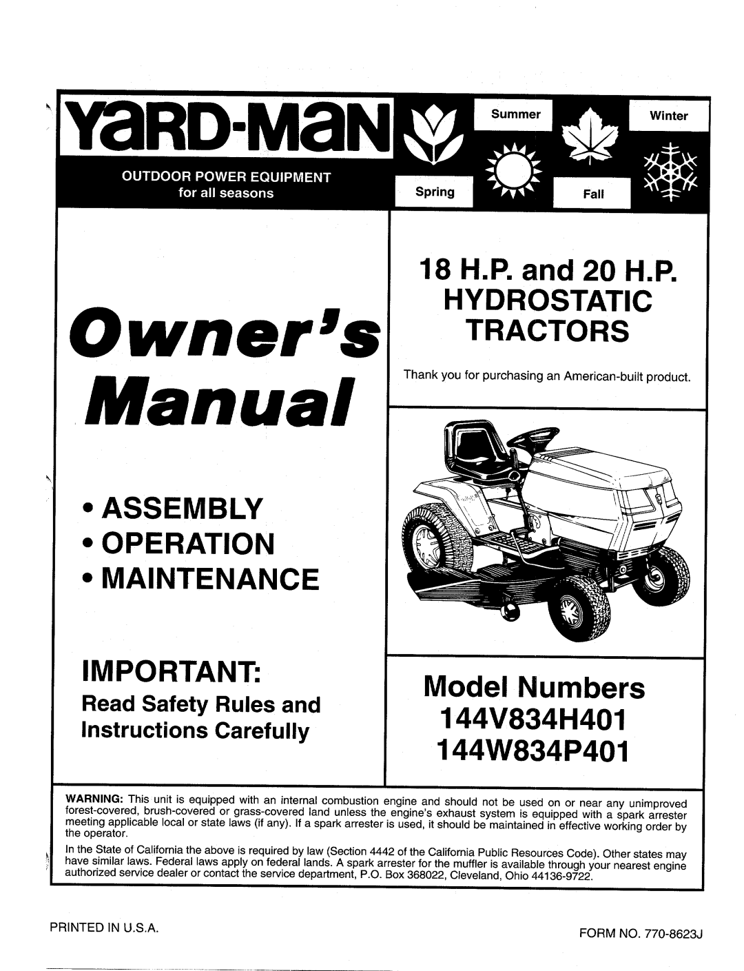 Yard-Man 144V834H401, 144W834P401 manual 