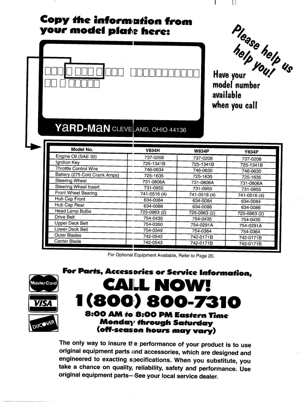 Yard-Man 145W834P401, 145V834H401, 145Y834P401 manual 