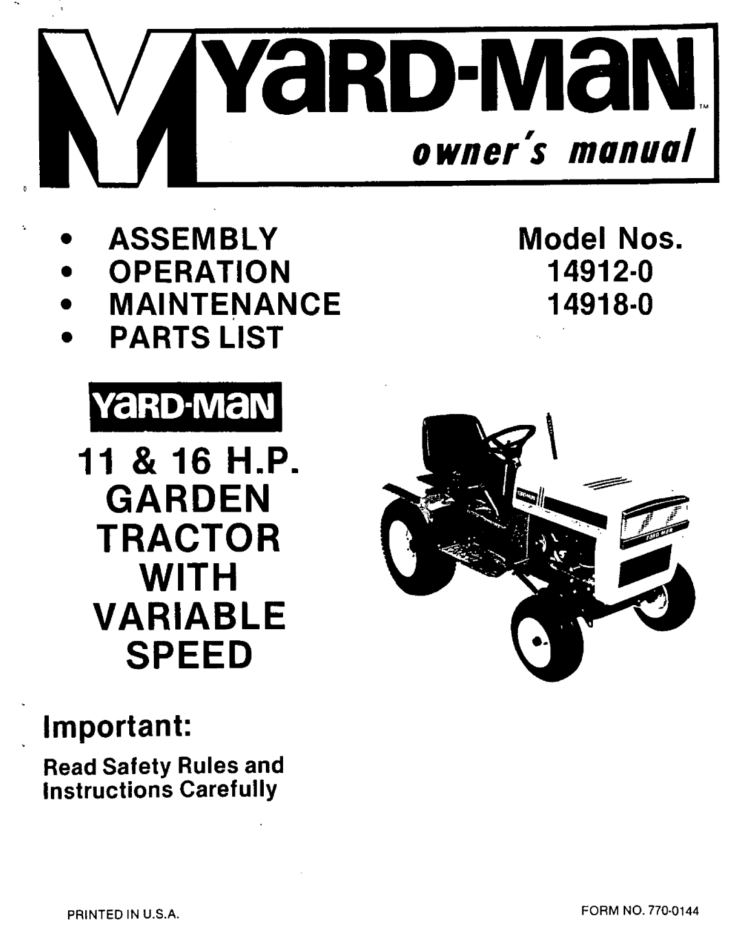 Yard-Man 14918-0, 14912-0 manual 