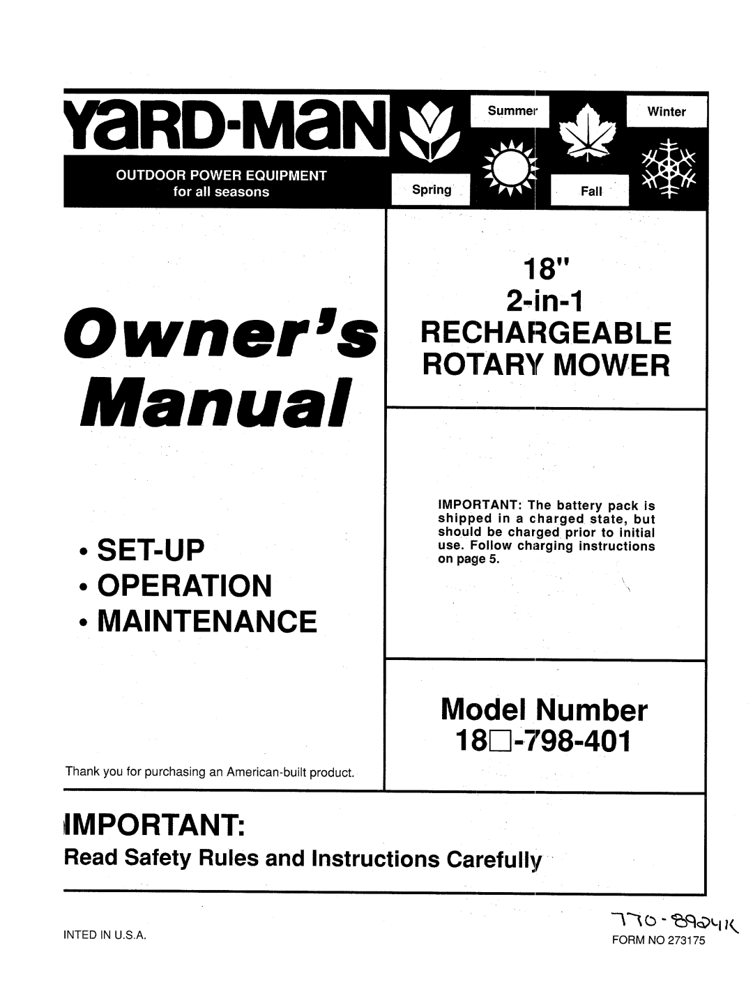 Yard-Man 18-798-401 manual 