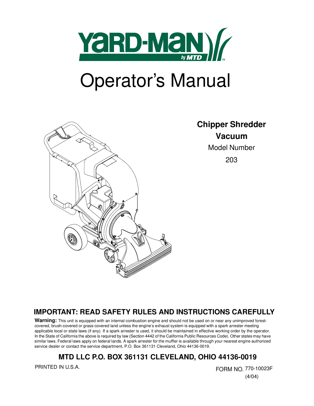 Yard-Man 203 manual Operator’s Manual 